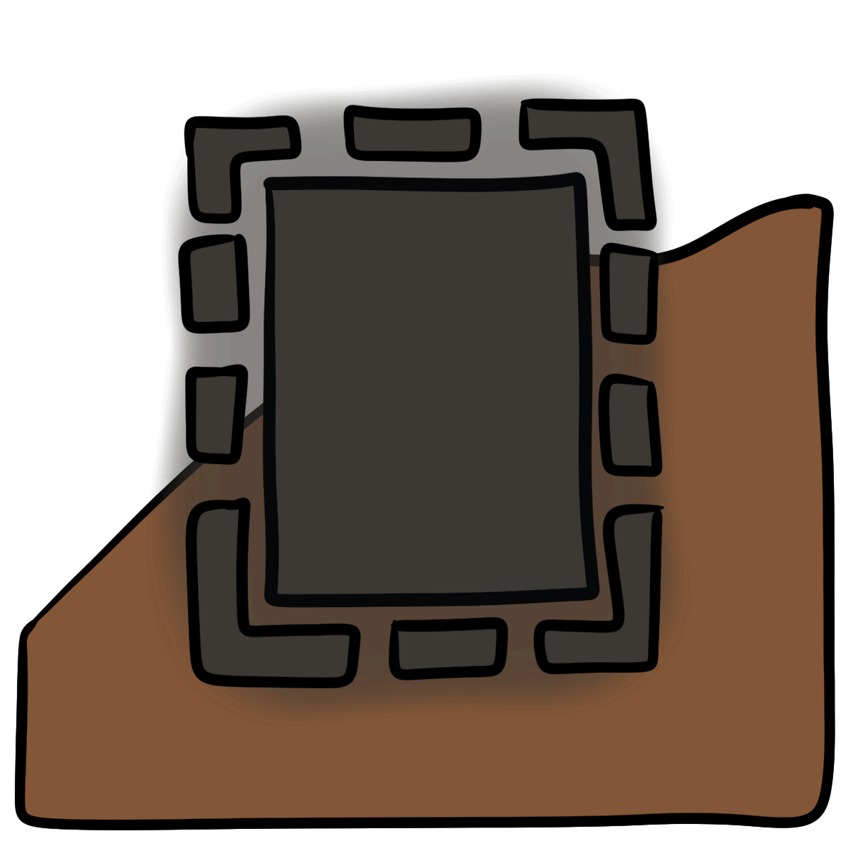 A dark gray glowing rectangle with a dashed line around it. Curved medium brown skin fills the bottom half of the background.